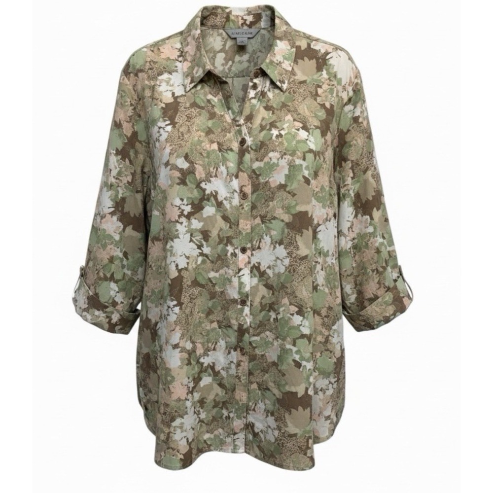 Catherines Womens Button Blouse Floral Art Top Size 3X Nature Office Career NWT